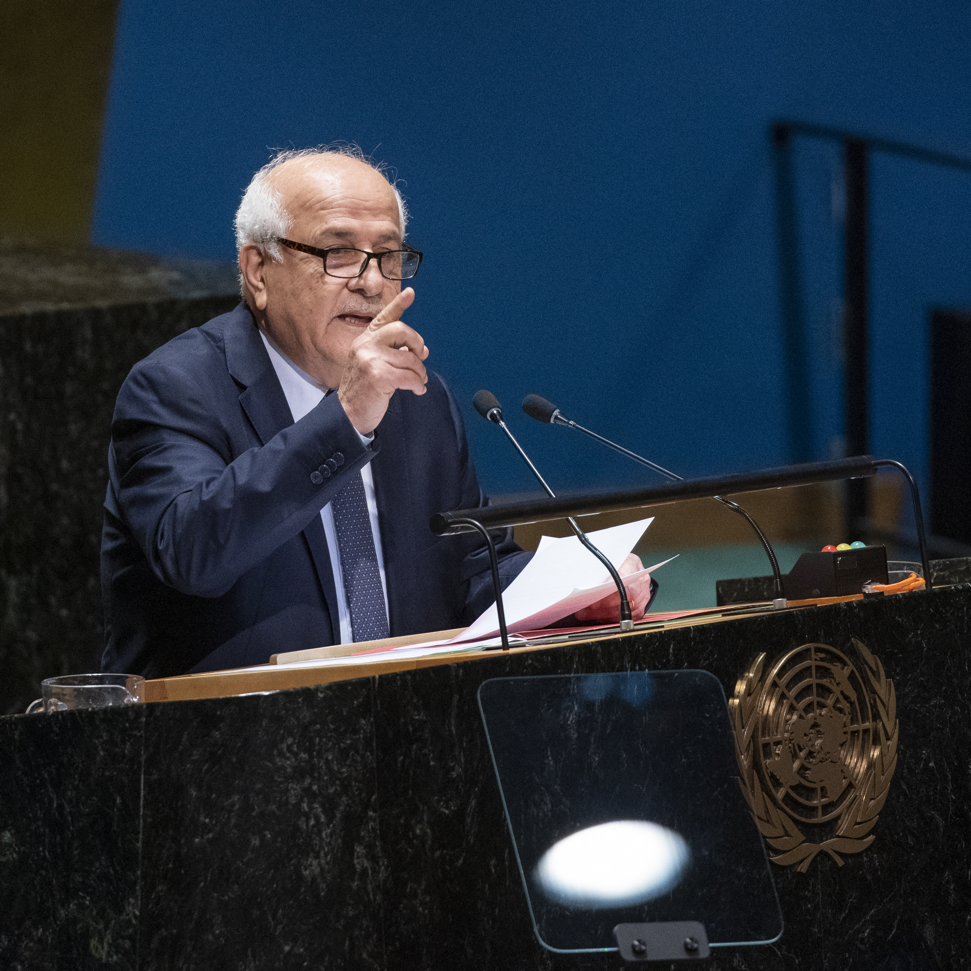 السفير رياض منصور في جلسة الجمعية العامة للأمم المتحدة. 